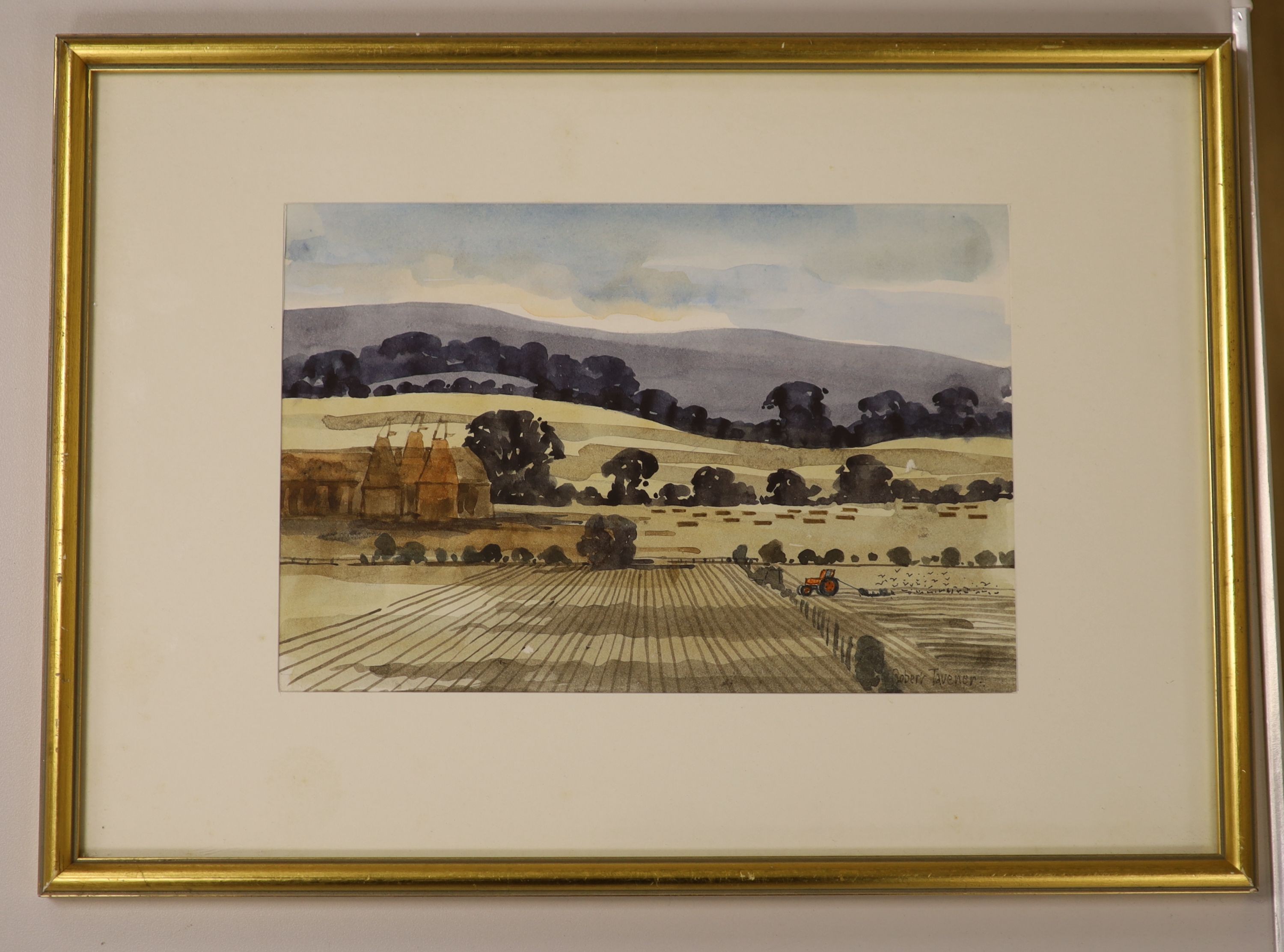 Robert Tavener (1920-2004), watercolour, 'Oast houses and cornfield', signed, with Bankside Gallery label verso, 16 x 24cm